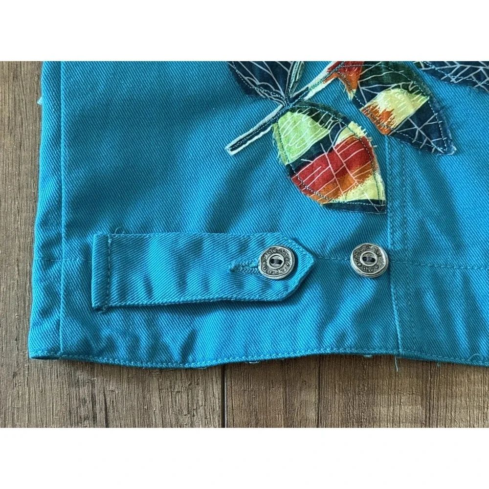 Chicos Teal Tropical/Leaf/Parrot Applique/Beaded Denim Jacket Sz 3 (XL-16) Artsy
